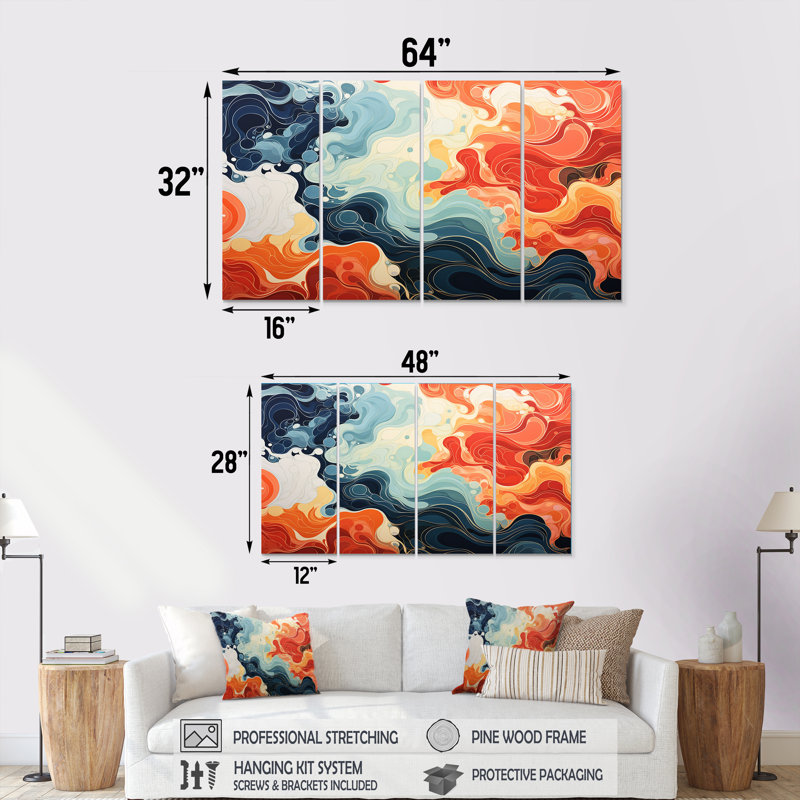 Encre liquide bleue et orange liquide, art mural abstrait 4 pièces pour le salon, H 28 po x l 48 po