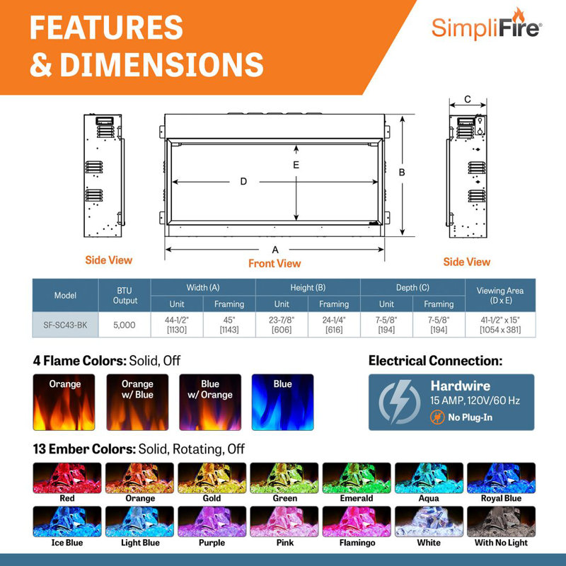 Simplifire Scion Linear Built-in Electric Fireplace, 23.8" H x 44.5" W x 7.6" D