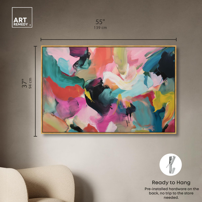 Abstrait coloré sur toile colorée par Art Remedy, H 37,5 po x l 55,5 po x P 1,2 po, Cadre flottant doré