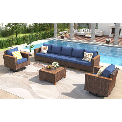 K&K 8-Piece Wicker Outdoor Patio Furniture Set with Thick Cushion, Rattan Patio Swivel Rocking Chairs Set of 2 with Acacia Storage Table , Wicker Conversation Set for Outdoor Couch, Backyard, Blue