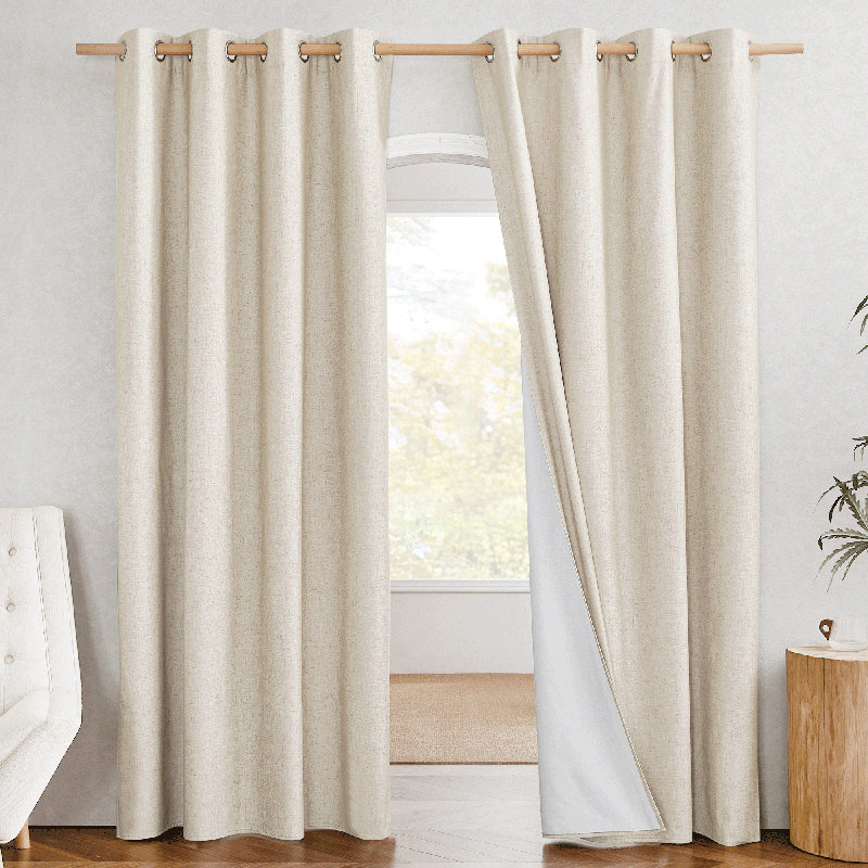  100% Blackout Curtains Linen Texture Thermal Insulated Noise Reducing Grommet Drapes for Bedroom & Living room, Beige