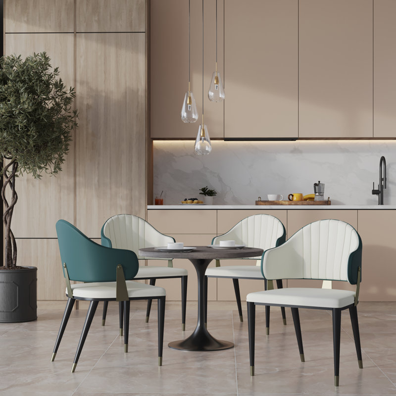 LeisureMod 5-Piece Dining Set, Modern 36-Inch Round Kitchen Table and 4 Upholstered Dining Chairs, PU Leather Mid Century Dinette Set with Metal Pedestal Base for Small Spaces, Apartment, and Café