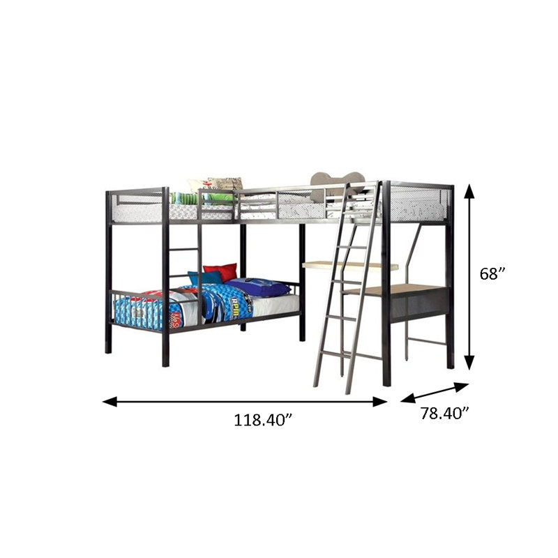 Lit superposé simple 118,5 po avec bureau 118 po, argent