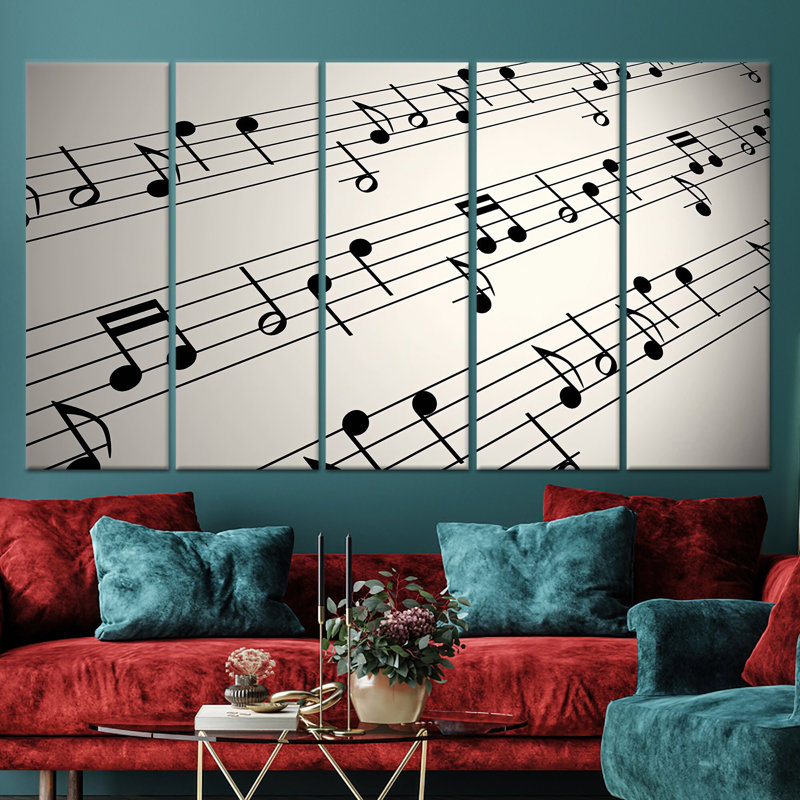 Élégante œuvre d'art sur toile imprimée: Décoration murale notes de musique moderne, toile tendue 5P