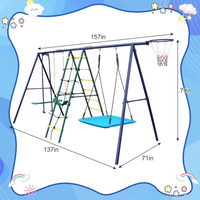 Balançoire multicolore en acier 6 en 1 avec grimpeur, filet, balancelle, balançoire, cerceau pour cour arrière - support stable, cordes réglables et cerceau d'aventure en plein air à installation simple, cadre sécuritaire