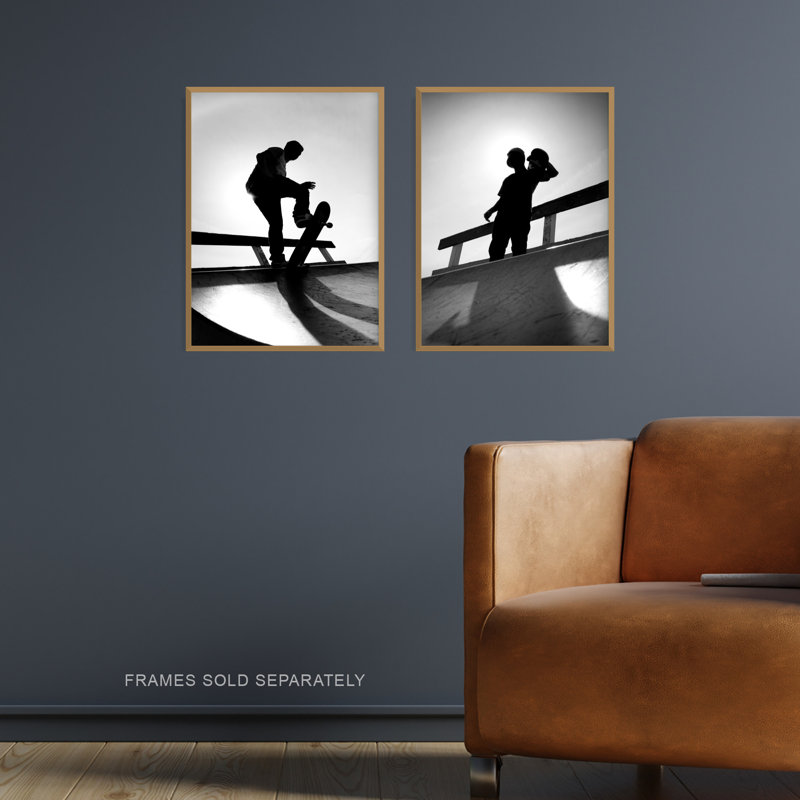 Skater Boy Silhouette On Half Pipe 2-Piece Set Unframed Wall Art Prints Boys Bedroom Aesthetic Skateboard