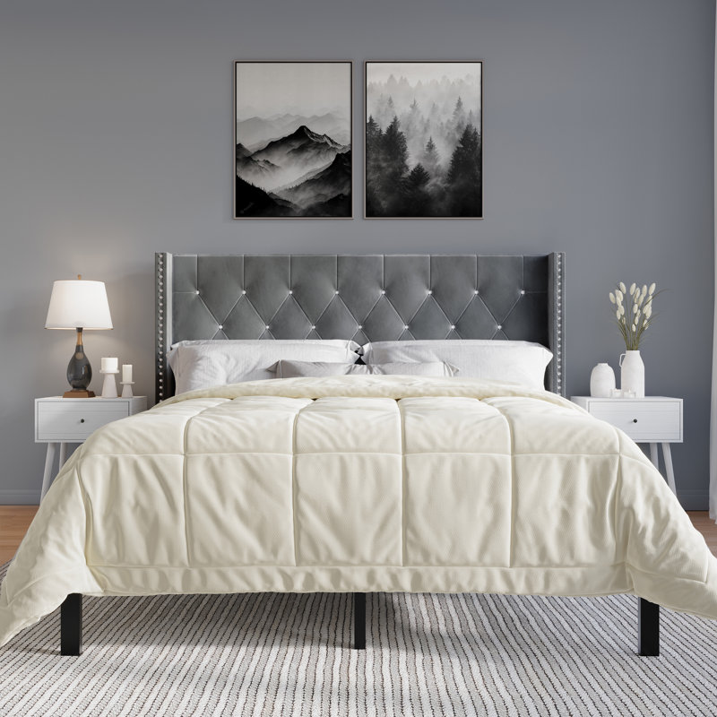 Eymi Velvet Upholstered Bed with 2 Nightstands, Light Gray, Queen