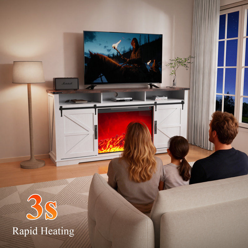 Meuble télé 70 po avec rangement et foyer inclus, mode température / minuterie / musique réglable, Blanc
