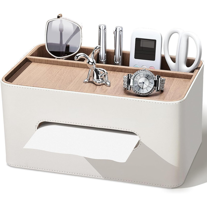 PU Leather Tissue Box Cover Rectangular with Storage Organizer, Multifunctional Remote Control Holder