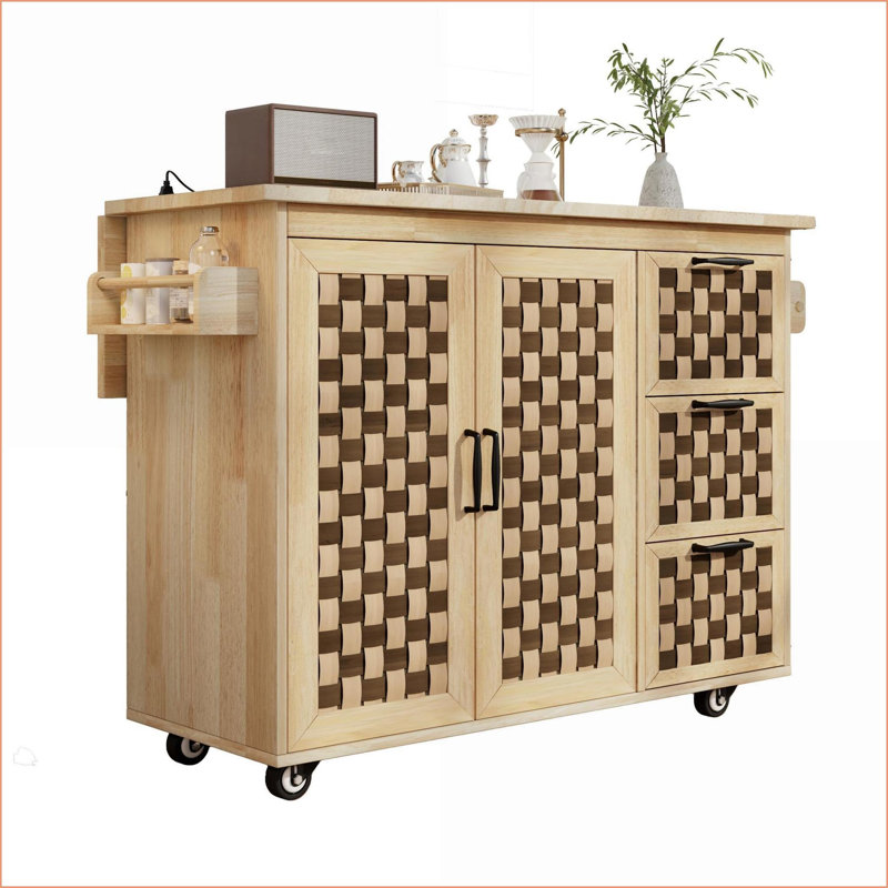 Îlot de cuisine l 53,2 po à damier avec rangement, prise de courant et roues | Bois aggloméré, bois d'hévéa | Bord de mer