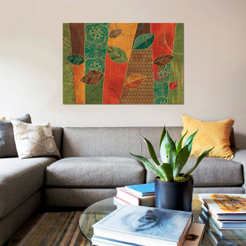 « bohémien leaves i », impression sur toile, H 18 po x l 26 po x P 1,5 po, Toile avec cadre noir, Pas de tapis