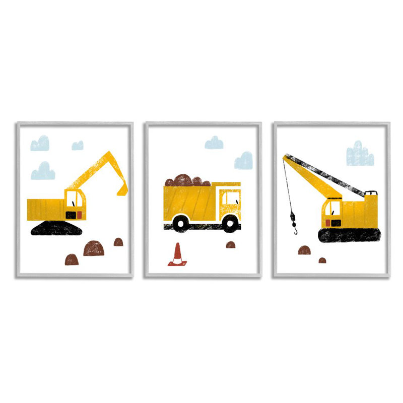 Illustration de camions de construction avec stylisation au crayon par Daphne Polselli - ensemble de 3 impressions sur bois