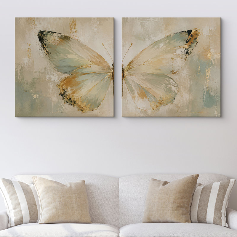 Doux papillon diptyque avec tons neutres et élégance délicate, ensemble de 2 reproductions d'art sur toile encadrées