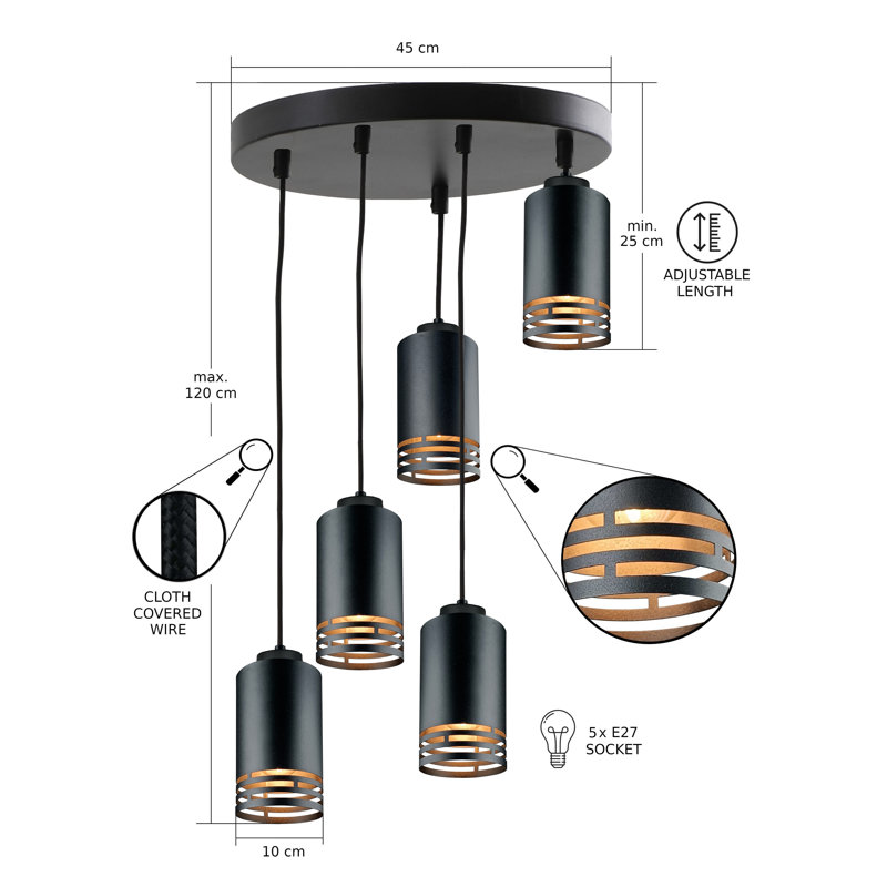 - Light Pendant, 5 Lights, Black