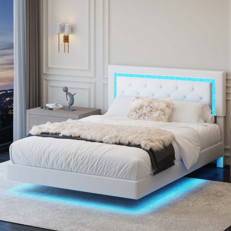 Upholstered Bed Frame With Diamond Tufted Headboard And RGB LED Lights, No Box Spring Required, Beige, Lit double