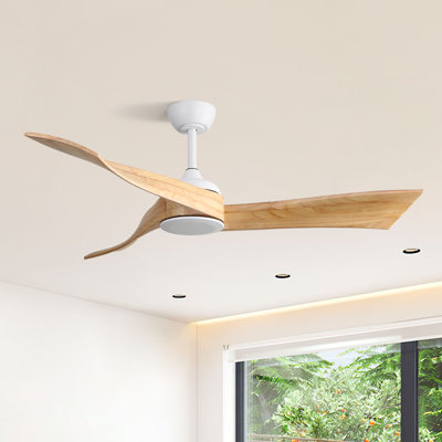 Kemp 52 Inch Modern Propeller Ceiling Fan No Light, Remote Control, 3 Solid Wood Blades, Indoor Fan for Bedroom, White&Beige