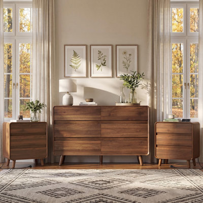 Mid-Century Walnut Dresser With Curved Front And Tapered Legs, Versatile Nightstand Set Of 2 For Bedroom
