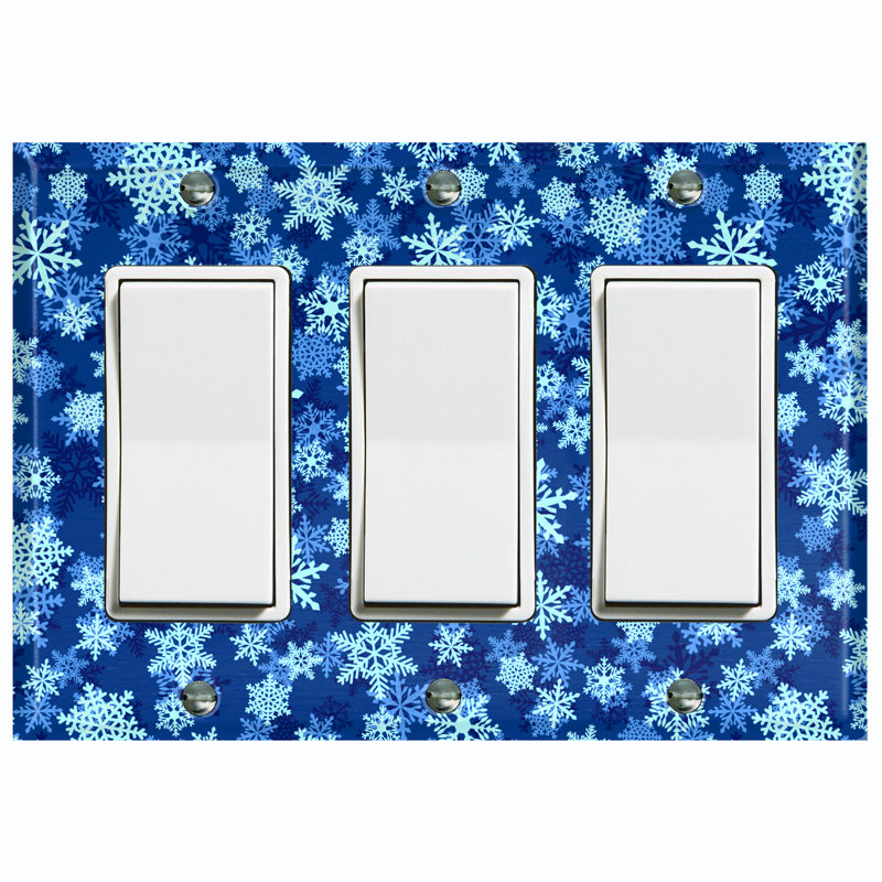Christmas Blue Ice Snow Flakes Holiday Themed 3 - Gang Toggle Light Switch Standard Wall Plate, 4.5" H x 4.56" W x 0.15" D