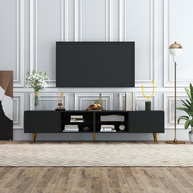 Digno 86.6" TV Stand with LED, and Cabinet Storage, Black