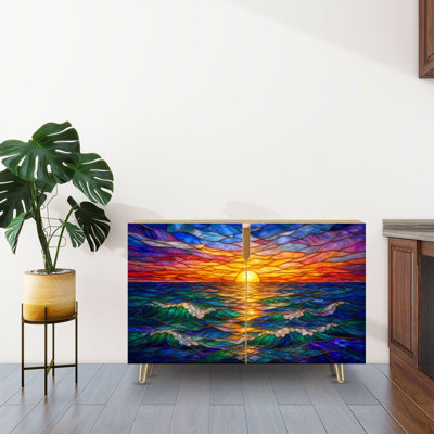 Buffet Buffet avec rangement Vitrail vibrant imprimé océan coucher de soleil vagues colorées ciel avec 2 portes pour le salon et la cuisine