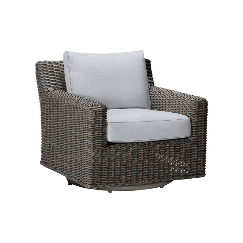 Rustic Swivel Patio Chair with Cushions, Linen Chambray, Black Walnut, Welt