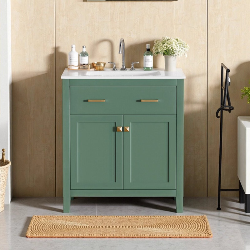 Meuble-lavabo moderne de 30 po avec lavabo en céramique, armoire simple avec 2 portes à fermeture en douceur, tiroir rabattable et tablette réglable en forme de U