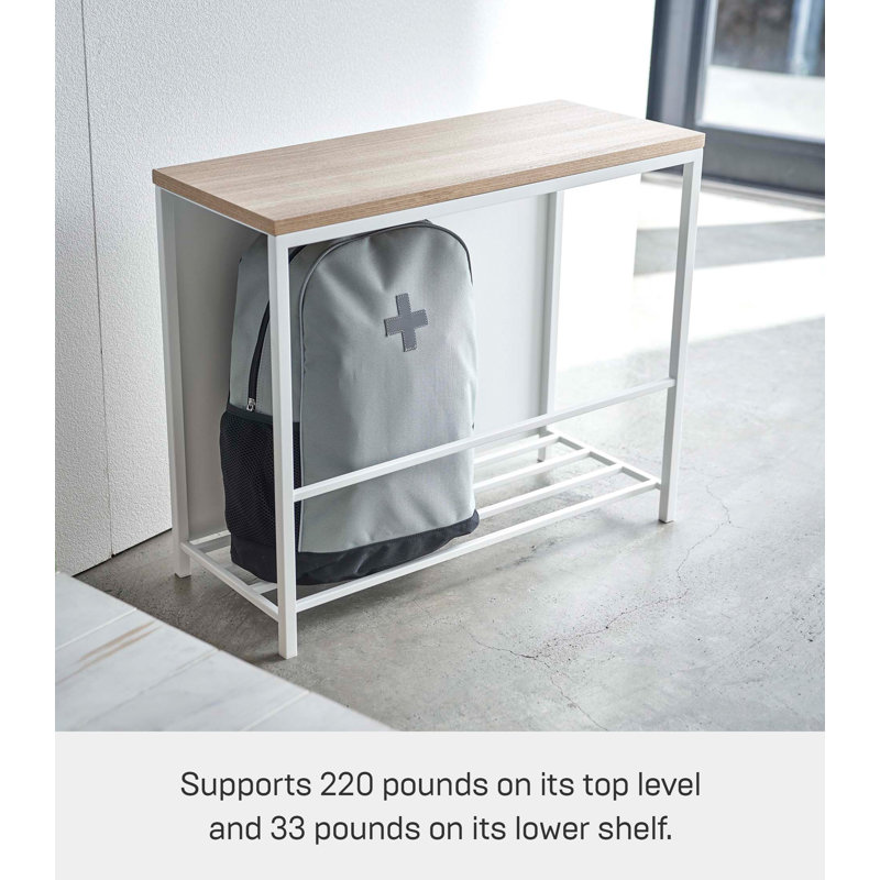 White Steel and Wood Entryway Storage Bench with Concealed Shelf