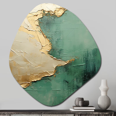 «Gold and Green Paint Fusion II», reproduction murale asymétrique de peinture abstraite, sculpture murale en métal de forme irrégulière