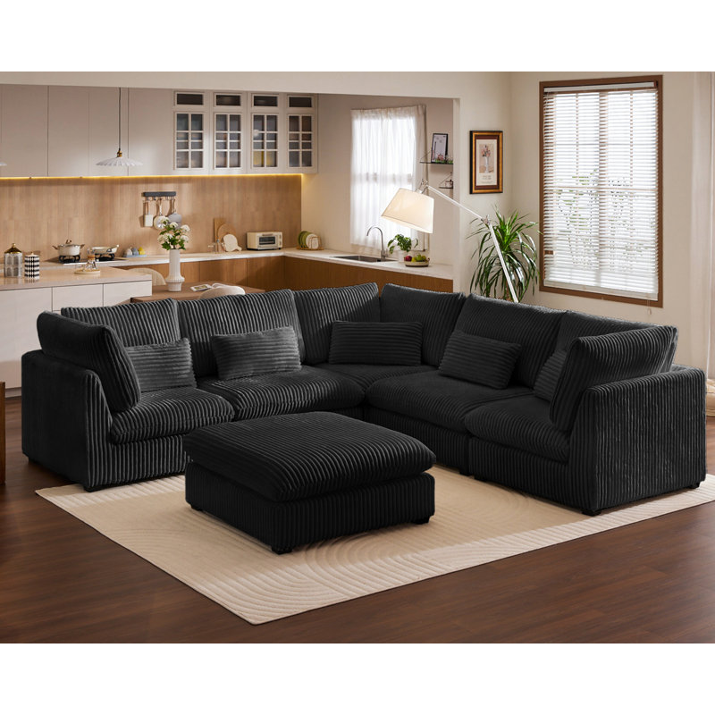 120" Oversized Modular Sectional, Cloud Corduroy Sofa Wide Deep Seat Couch, 5 Seater Large Sleeper Bed Plush Cushion with Convertible Ottoman Chaise for Lounge Modern Furniture Sets
