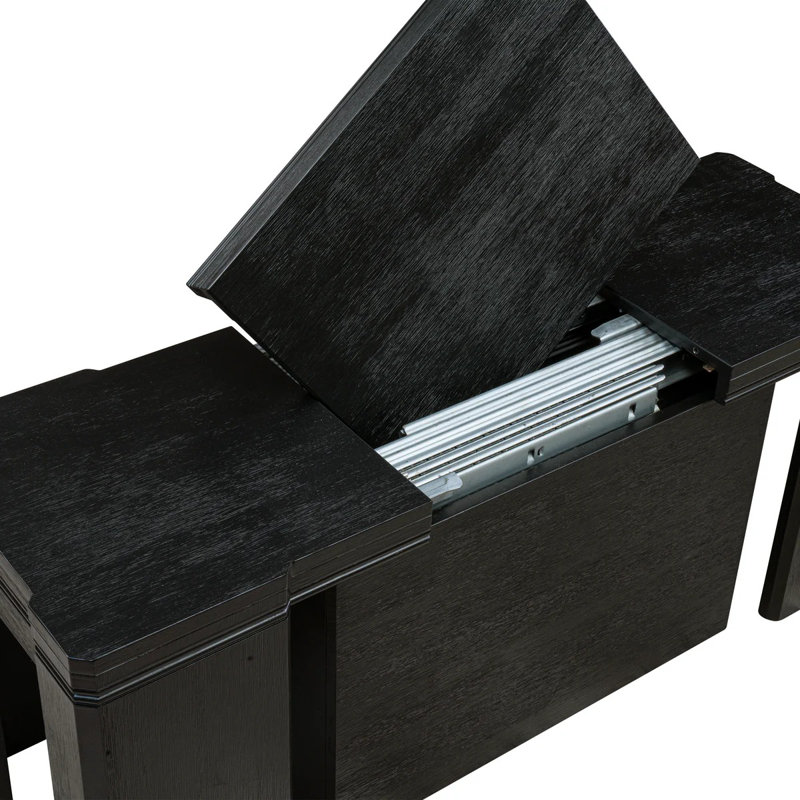 Ensemble de table de salle à manger 5 pièces comprenant une table rectangulaire, 2 bancs en bois et 2 chaises en tissu gris foncé Gotham, noir brossé