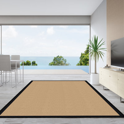 Nannette Handmade Medium Beige Berber with Black Faux Leather Border Made in the USA Area Rug