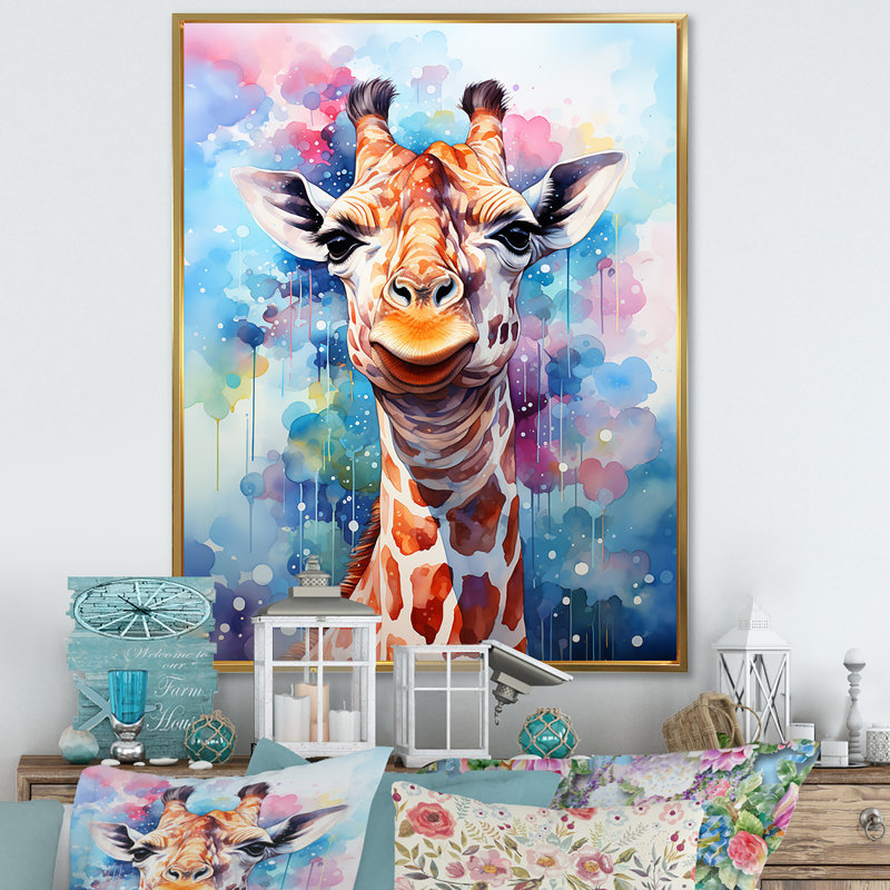 Portrait de girafe Pop Art - Reproduction d'art mural girafe, Cadre flottant doré, H 20 po x l 12 po x P 1 po