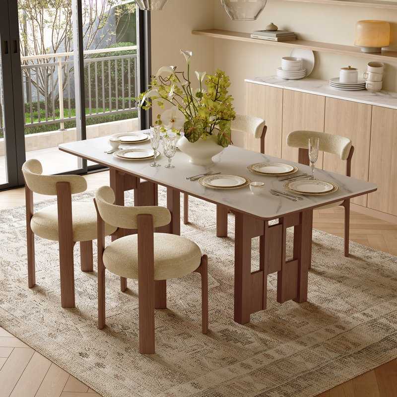 71" Rectangular Dining Table for 6, Solid Ash Wood Legs, Stone Table-top