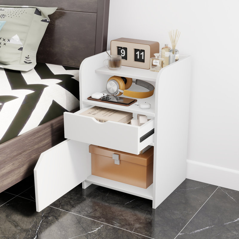 Table de chevet multi-rangement avec tiroir et armoire, table d'appoint compacte avec tablettes ouvertes pour la chambre à coucher, table de chevet fonctionnelle