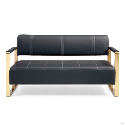 57.9" Width Modern Upholstery Faux Bonded Leather Loveseat Sofa For Living Room Accent Love Seats For Small Spaces 2 Seater Couch Sofa Office Apartment Studio Furniture With Golden Metal Arms