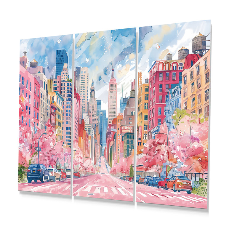 Ensemble de salon rose et bleu, édifices de New York en été - art mural New York, Métal métal, H 12 po x l 28 po x P 1 po