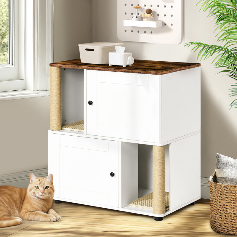 Enceinte de litière pour chat blanc et rétro avec tablette, pour deux chats, convient à un éventail de boîtes, variété de couches peu encombrantes, grattoir, tapis de fuite, panneau de particules, facile