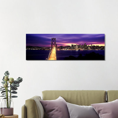 Bridge Lit Up At Dusk, Bay Bridge, San Francisco Bay - Wrapped Canvas Panoramic Print