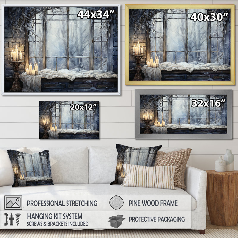 Blanc et gris antique campagne charmante de fenêtre - ferme sur toile, art sur toile, Cadre doré à coins fermés