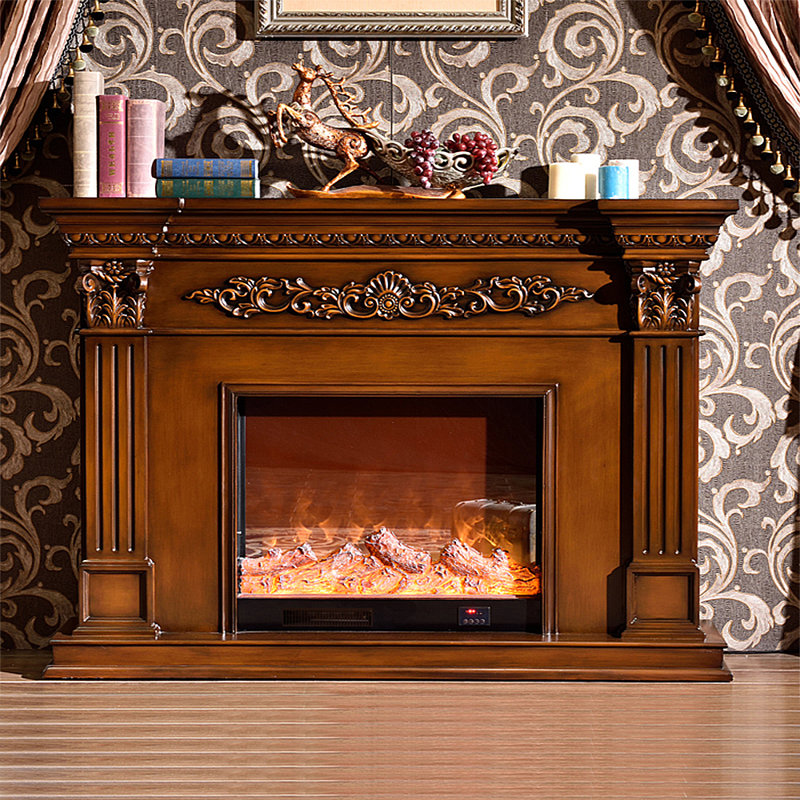 Euro-American Style Simple TV Cabinet Fireplace, Brown, 59.06"