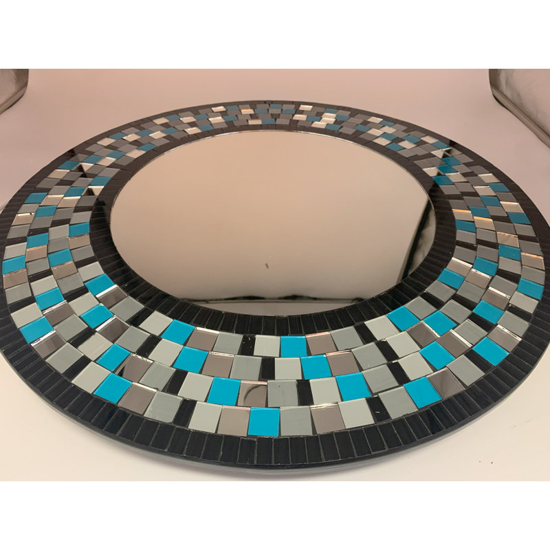Onekama Mosaic Mirror, Wall Art Décor – Handcrafted Decorative Wall Mirror, Turquoise Blue, Grey, and Black Glass Mosaic Mirror, Large 24” Round Mirror