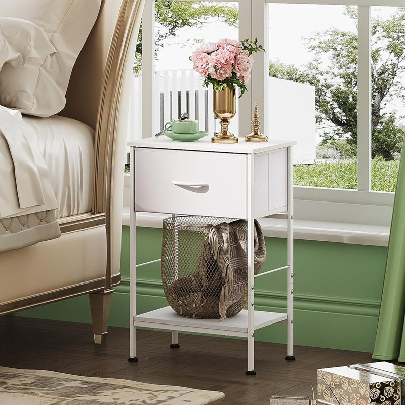 Charcoal Black Metal Nightstand Set with Fabric Drawer and Wood Shelf