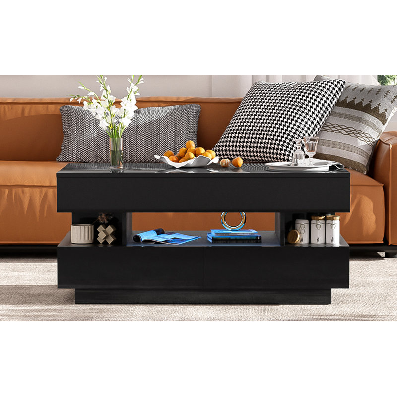 Table basse à plateau relevable avec 2 tiroirs, compartiment caché adéquat