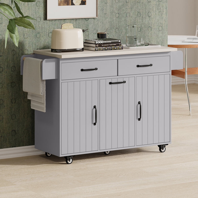 K&K Kitchen Island With Trash Can Storage Cabinet, Kitchen Cart With Drop Leaf, Spice Rack, Towel Rack And Drawer, Rolling Kitchen Island On Wheels With Adjustable Shelf