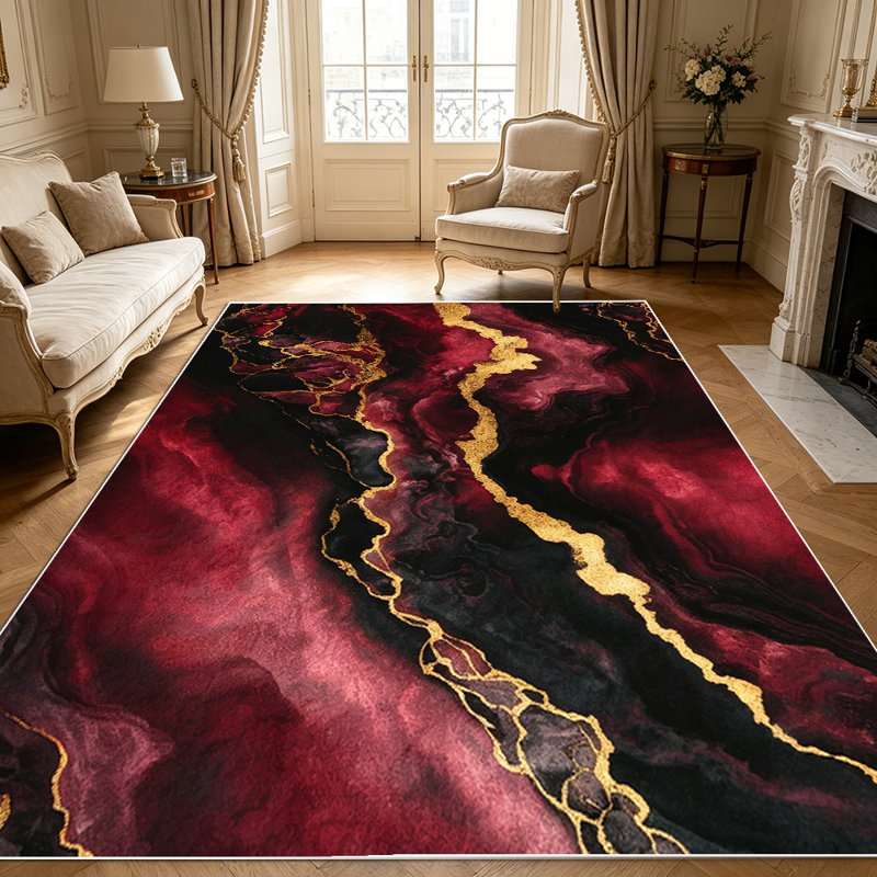 1PC Burgundy Gold Abstract Fluid Marble area rugs for Living Room, Soft and Comfortable, Suitable for all seasons, easy-to-maintain, machine washable Indoor floor mat, Under Table Farmhouse suitable for dining table, bedroom, entryway, kitchen,
