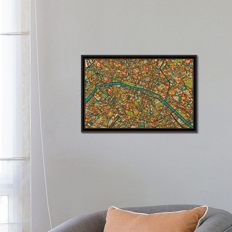 «Paris Street Map», impression sur toile tendue, H 18 po x l 26 po x P 1,5 po, Toile avec cadre noir, Pas de tapis