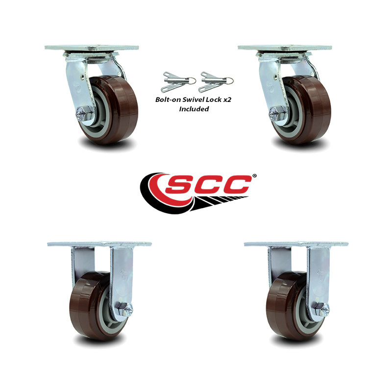 4 Inch Polyurethane Caster Set with Roller Bearings 2 Swivel Lock 2 Rigid SCC|SCC-30CS420-PPUR-BSL-2-R-2