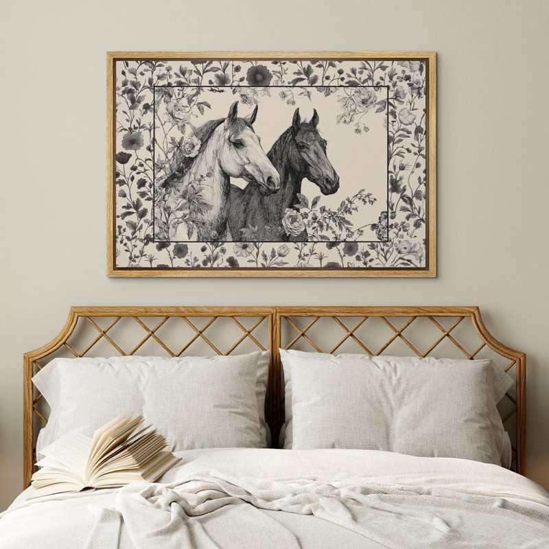 Chevaux noirs et blancs à motif floral encadré pour le salon, H 16 po x l 24 po x P 1,5 po, Naturel