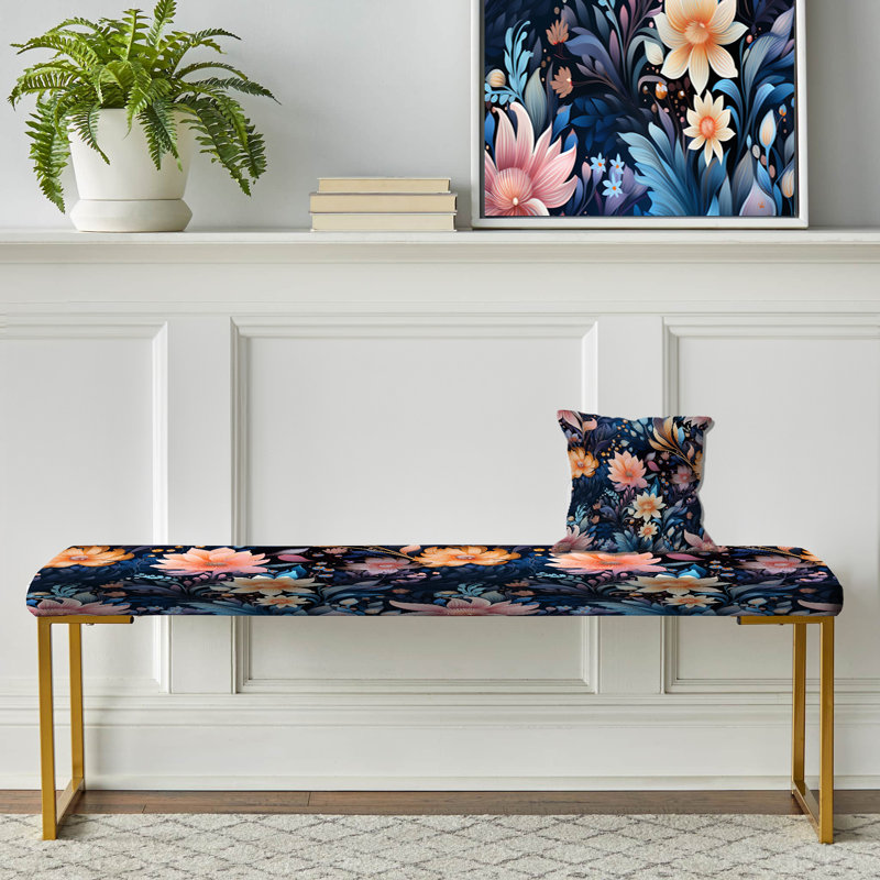 Floral Upholstered Gold Bench,  Multicolor Enchanted Forest Floral Pattern