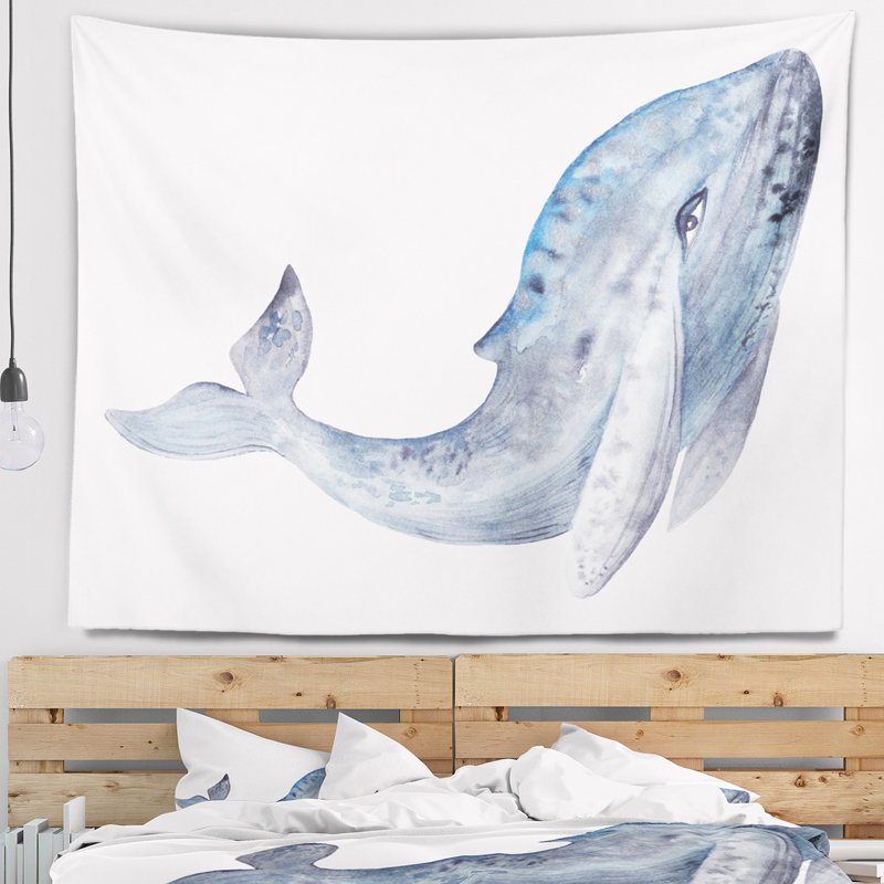 Tapisserie aquarelle grande baleine animale, H 32 po x l 39 po